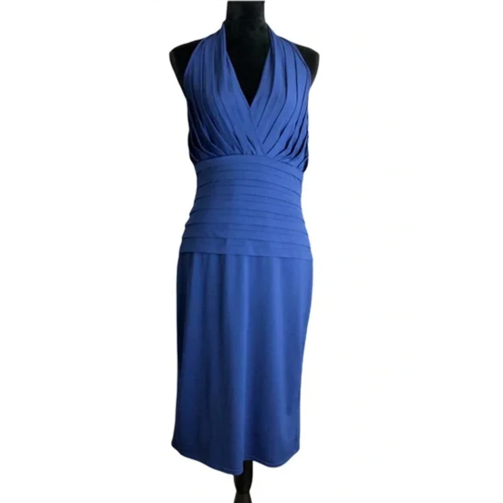 Tadashi Collection Halter Dress Womens Medium Blue Pleated Sleeveless Cocktail - Picture 14 of 15